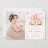ピンクマジカルプリンセスキャッスルガール誕生日写真 招待状 (正面)
