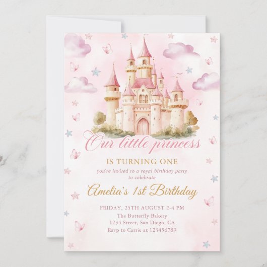 ピンクマジカルプリンセスキャッスルガール誕生日 招待状 (正面)