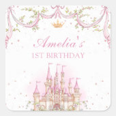 ピンクマジカルプリンセス城誕生日シール スクエアシール (正面)