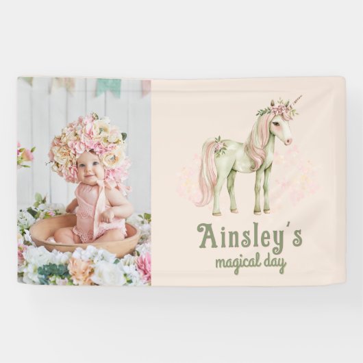 ピンクマジカルユニコーンパーソナライズされたフォト誕生日 横断幕 (横)