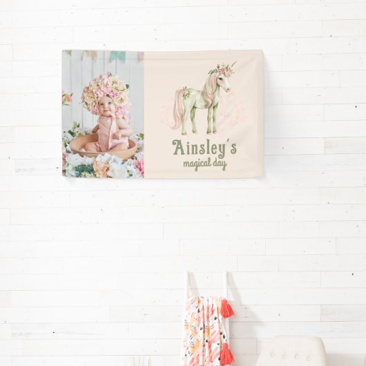 ピンクマジカルユニコーンパーソナライズされたフォト誕生日 横断幕 (インサイチュ)