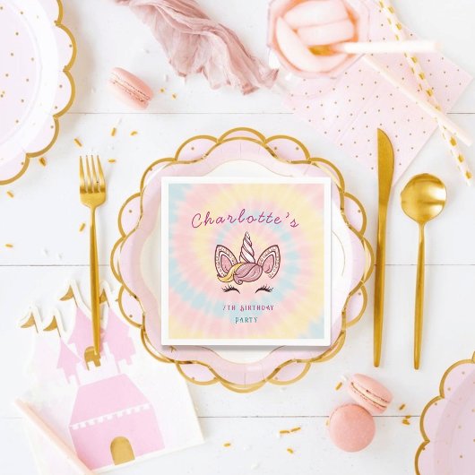 ピンクマジカルユニコーン絞り染め金ゴールドグリッター誕生日 スタンダードカクテルナプキン