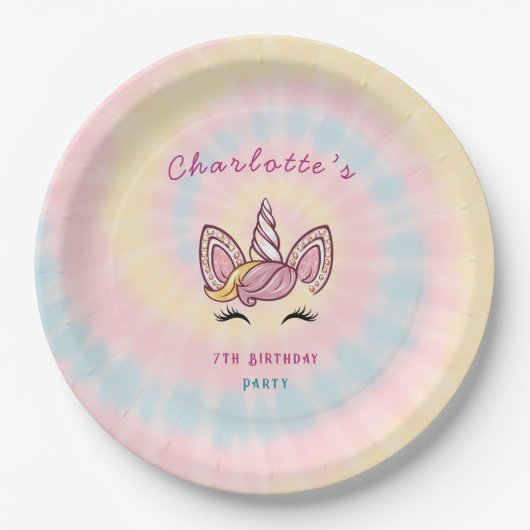 ピンクマジカルユニコーン絞り染め金ゴールドグリッター誕生日 ペーパープレート (正面)