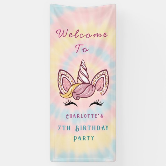 ピンクマジカルユニコーン絞り染め金ゴールドグリッター誕生日 横断幕 (縦)