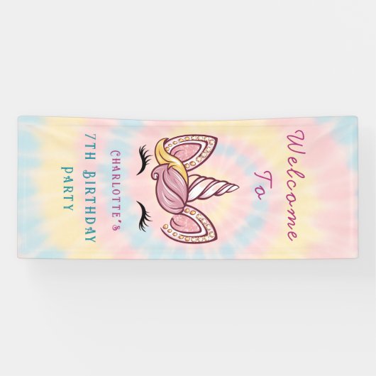 ピンクマジカルユニコーン絞り染め金ゴールドグリッター誕生日 横断幕 (横)