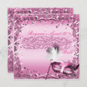 ピンクマスカレードマスクエレガントボールパーティー 招待状 (正面/裏面)