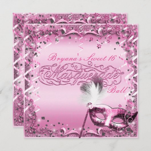 ピンクマスカレードマスクエレガントボールパーティー 招待状 (正面/裏面)