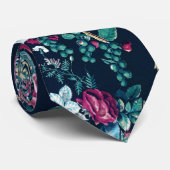 ピンクマゼンタグリーンブルーティール(緑がかった色)牡丹&バラ花 ネクタイ (ロール)