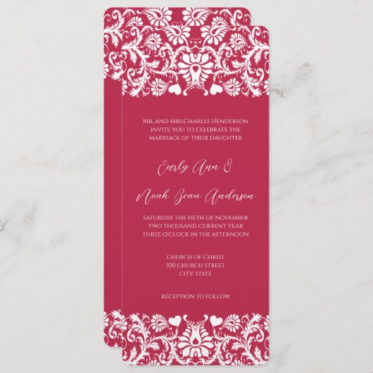 ピンクマゼンタビクトリアンフローラダマスク結婚式 招待状 (正面/裏面)