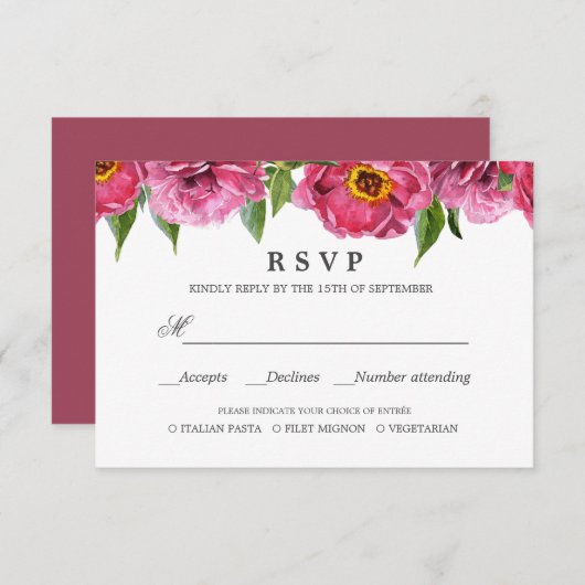 ピンクマゼンタピーニー結婚式RSVP食事選択 出欠カード (正面/裏面)