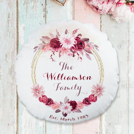 ピンクマゼンタフローラコテージリースファミリーモノグラム ラウンドクッション