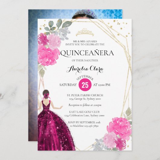 ピンクマゼンタフローラ幾何学写真キンチェニェラ 招待状 (正面/裏面)