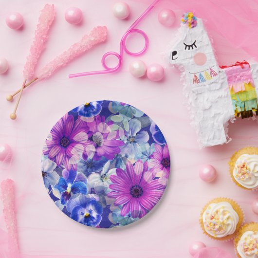 ピンクマゼンタブルーのフローラルパターン ペーパープレート (パーティー)