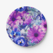 ピンクマゼンタブルーのフローラルパターン ペーパープレート (正面)