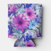 ピンクマゼンタブルーのフローラルパターン 缶クーラー (正面)