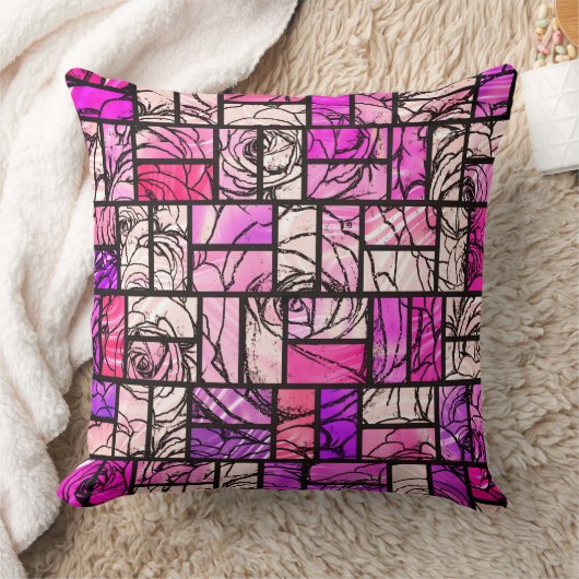 ピンクマゼンタ黒バラステンドグラスの外観 クッション (ブランケット)