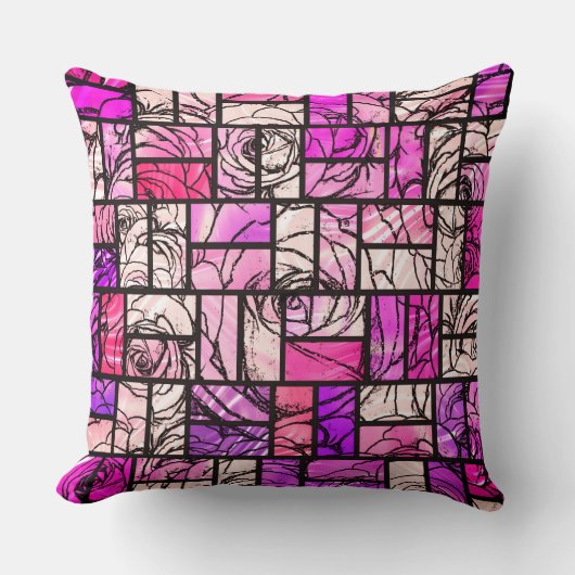 ピンクマゼンタ黒バラステンドグラスの外観 クッション (正面)