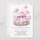 ピンクマッシュルームお洒落ウッドランドガールベビーシャワー 招待状 (正面)