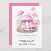 ピンクマッシュルームお洒落ウッドランドガールベビーシャワー 招待状 (正面/裏面)