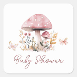ピンクマッシュルームガールベビーシャワースクエア スクエアシール