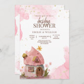 ピンクマッシュルームハウスウッドランドベビーシャワー 招待状 (正面/裏面)