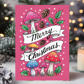 ピンクマッシュルームメリークリスマスウッドランド シーズンカード