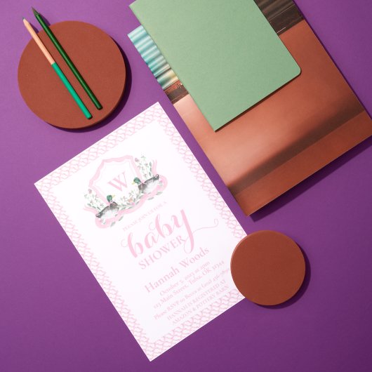 ピンクマラードアヒルのモノグラムコケット赤ちゃんシャワー 招待状