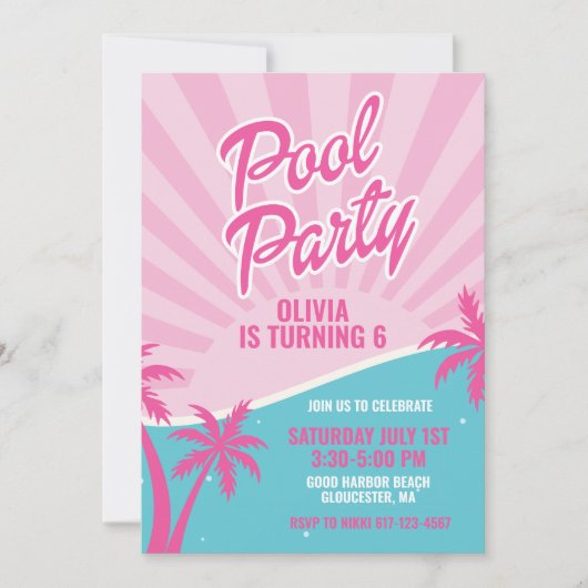 ピンクマリブプールパーティー誕生日 招待状 (正面)