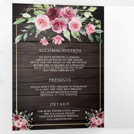 ピンクマルサラフローラアンパサンド木材QRコード結婚ズ 三つ折り招待状 (内部最初)