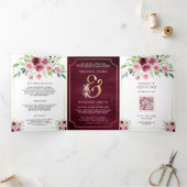 ピンクマルサラフローラアンパサンド結婚QRコード 三つ折り招待状 (内部)