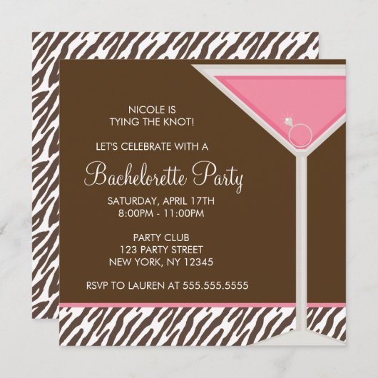 ピンクマルティーニとブラウンゼブラパターン 招待状 (正面/裏面)