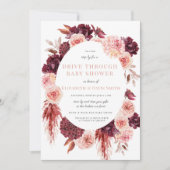 ピンクマルーンフローラボーホドライブバイガールベビーシャワー 招待状 (正面)