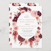 ピンクマルーンフローラボーホドライブバイガールベビーシャワー 招待状 (正面/裏面)