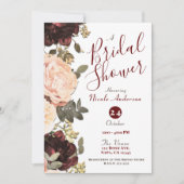 ピンクマルーンフローラ緑離れブライダルシャワー 招待状 (正面)