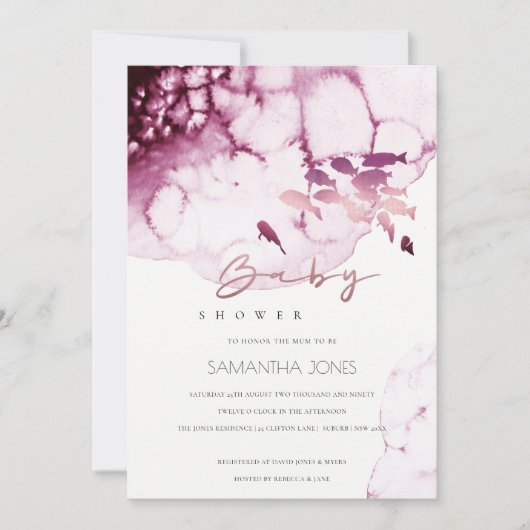 ピンクマルーン水中海魚ベビーシャワー招待状 サンキューカード (正面)