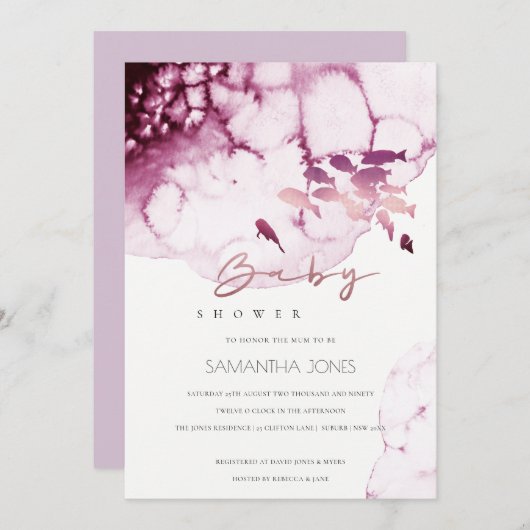 ピンクマルーン水中海魚ベビーシャワー招待状 サンキューカード (正面/裏面)