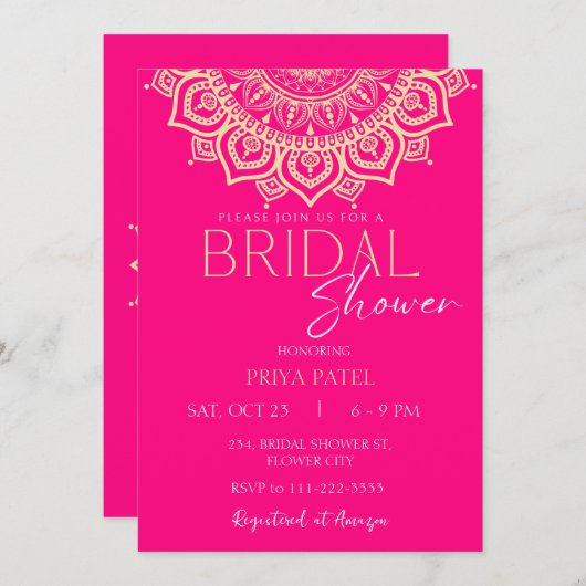 ピンクマンダラインディアンメンディアジアブライダルシャワー 招待状 (正面/裏面)