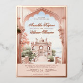 ピンクマーブルアーチインディアンパレ結婚スバラ金ゴールド 箔招待状 (正面)