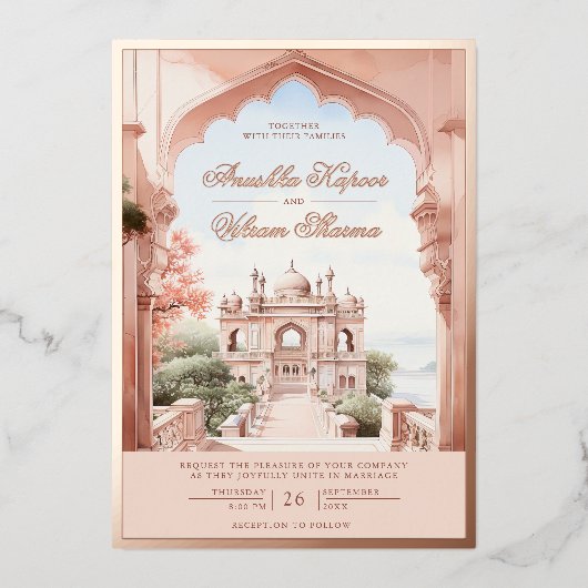 ピンクマーブルアーチインディアンパレ結婚スバラ金ゴールド 箔招待状 (正面)