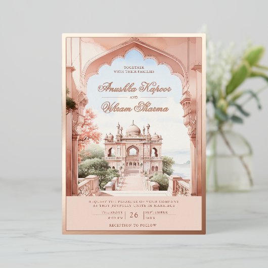 ピンクマーブルアーチインディアンパレ結婚スバラ金ゴールド 箔招待状 (立ち正面)