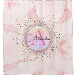 ピンクマーブルグリッターモノグラムパーソナライズされた シャワーカーテン