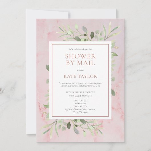 ピンクマーブルブライダルシャワーバイメールグリーン葉リーズ 招待状 (正面)