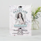 ピンクマーブルブルー金ゴールド写真卒業パーティー 招待状 (スタンド正面)