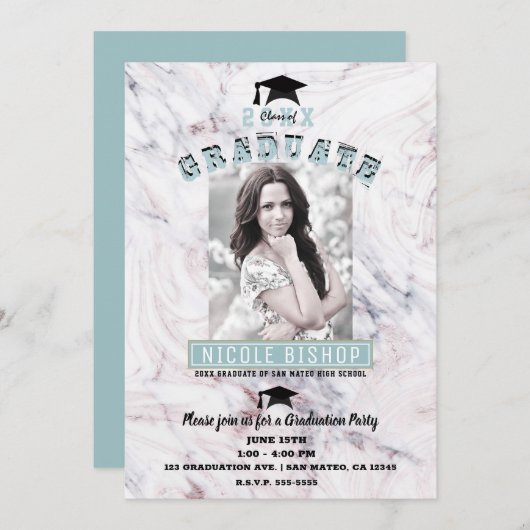 ピンクマーブルブルー金ゴールド写真卒業パーティー 招待状 (正面/裏面)