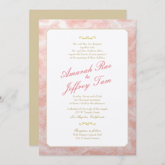 ピンクマーブル結婚式招待状金ゴールドサンゴ 招待状 (正面/裏面)