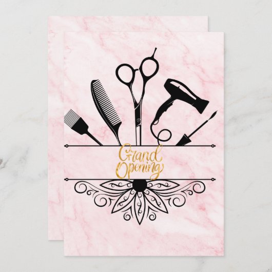 ピンクマーブル美しいサロングランドオープニング 招待状 (正面/裏面)