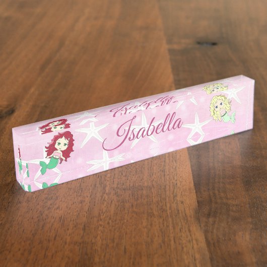 ピンクマーメイドとヒトデ名プレート パーソナライズされた デスクネームプレート (側面)