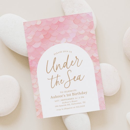 ピンクマーメイドオンダーザシー1st誕生日パーティー 招待状