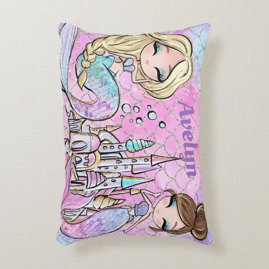ピンクマーメイドガールベッドルーム名前をカスタムする アクセントクッション (正面(垂直))