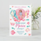 ピンクマーメイドキッズフォトガール誕生日招待状 招待状 (スタンド正面)